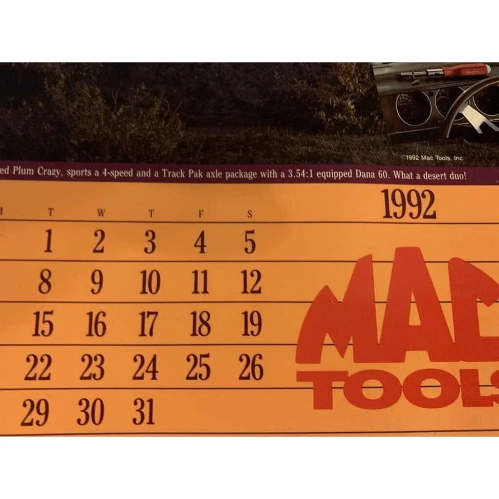 1992 MAC Tools Color Glossy Poster 71 Cuda 70 Challenger Calender Oct Nov‎ Dec